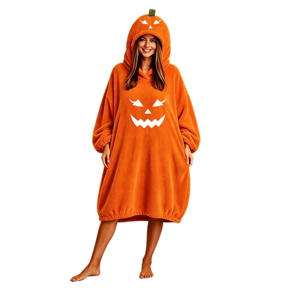 Edvintorg House Dress for Women Halloween Printed Long Sleeve Casual Hooded Night Gown Flannel Nightshirts Loungewear Plus Size Womens Clothing Orange XXL