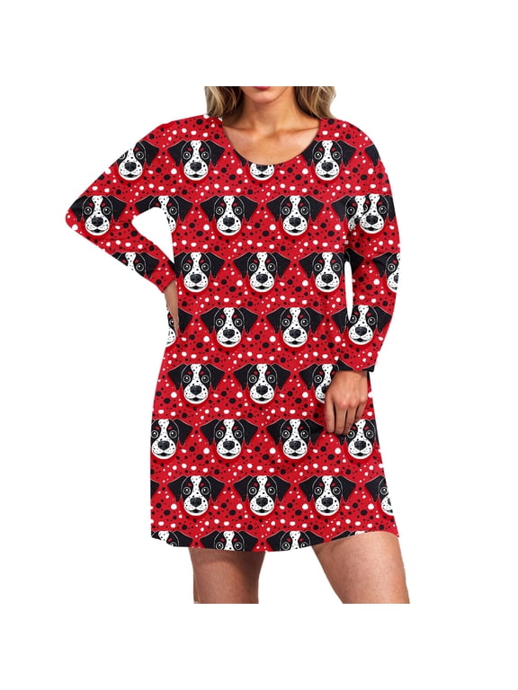 House Dress for Women Plus Size Night Shirt Mini Pajama Dresses Long Sleeve Nightgown Crew Neck Sleepwear Fashion Clothing XL-5XL Red