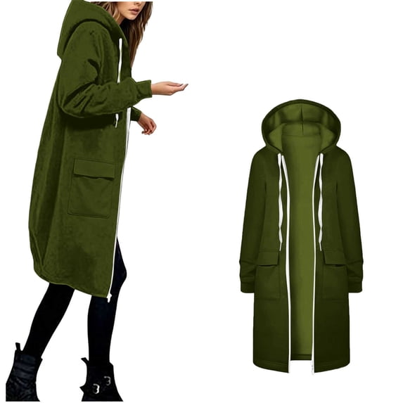 Edvintorg Jacket Women Solid Color Long Sleeve Casual Coat Zip up Hooded Long Outerwear with Pocket Women Clothing S-2XL Army Green