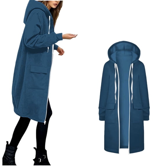 Edvintorg Jacket Women Solid Color Long Sleeve Casual Coat Zip up Hooded Long Outerwear with Pocket Women Clothing S-2XL Navy
