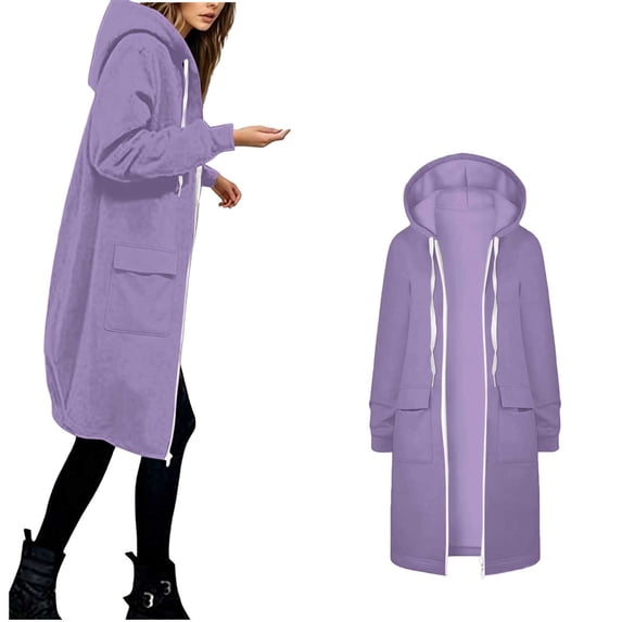 Edvintorg Jacket Women Solid Color Long Sleeve Casual Coat Zip up Hooded Long Outerwear with Pocket Women Clothing S-2XL Purple