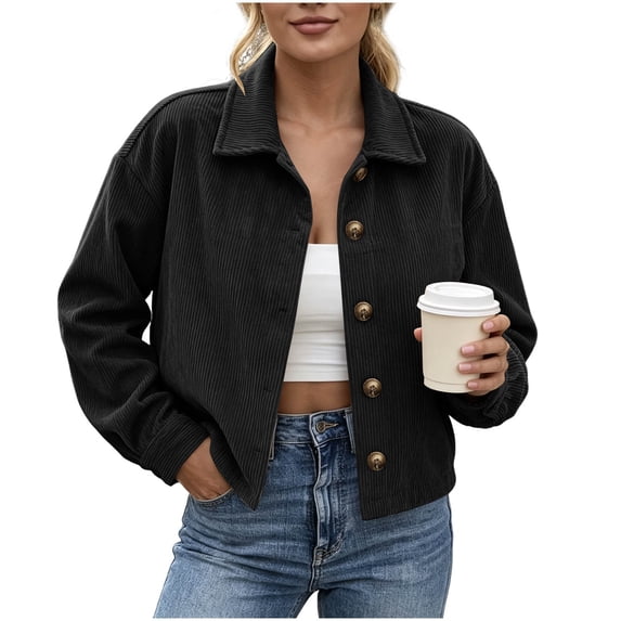 Edvintorg Jacket for Women Long Sleeve Casual Corduroy Coat Button Down Cropped Outerwear Woman Clothes Black S-2XL