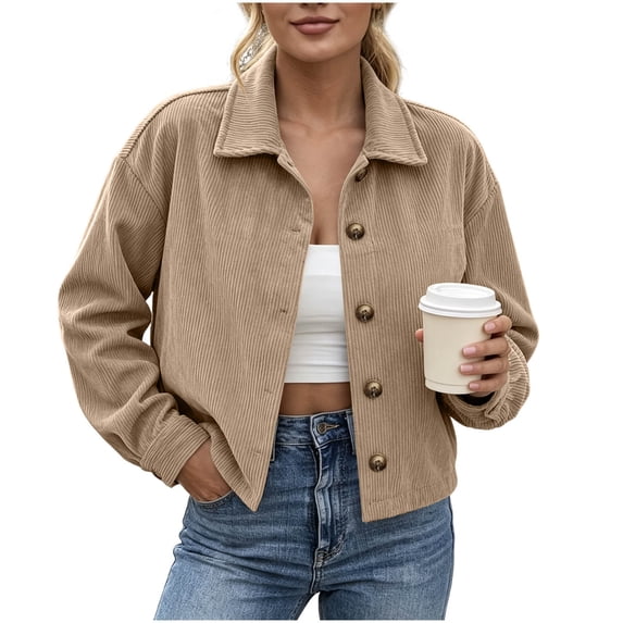 Edvintorg Jacket for Women Long Sleeve Casual Corduroy Coat Button Down Cropped Outerwear Woman Clothes Khaki S-2XL