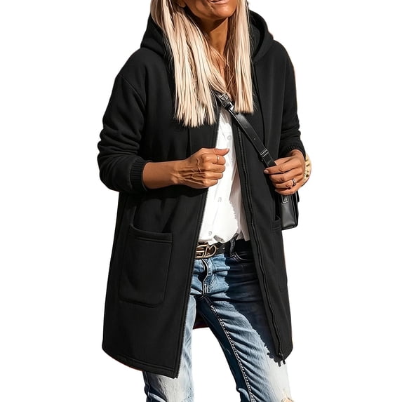 Edvintorg Jacket for Women Long Sleeve Zip up Coat Loose Casual Hooded Long Outerwear with Pocket Womens Clothes S-2XL Black