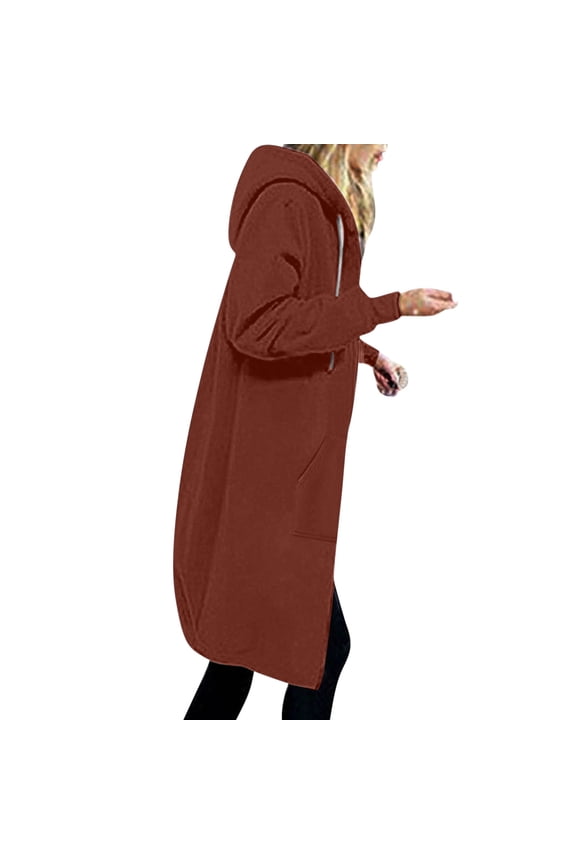 Jackets for Women with Hood Winter Plus Size Outwears Women's Solid Color Hooded Long Jacket Thickening and Fleece Casual Zipper Long Sleeve Coat with Pocket
