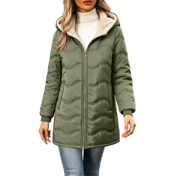 Edvintorg Jackets for Women Long Sleeve Loose Casual Padded Coat Fall Winter Zip up Hooded Long Fleece Outerwear with Pocket Woman Clothes Army Green S-2XL
