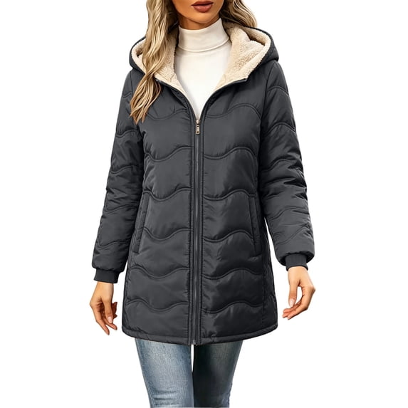 Edvintorg Jackets for Women Long Sleeve Loose Casual Padded Coat Fall Winter Zip up Hooded Long Fleece Outerwear with Pocket Woman Clothes Black S-2XL