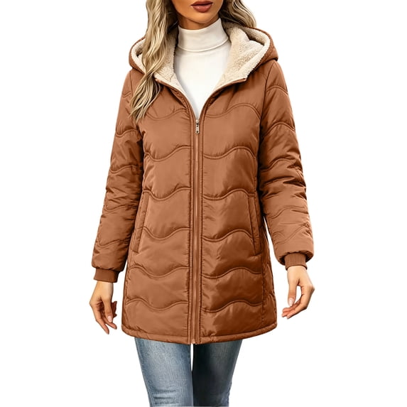 Edvintorg Jackets for Women Long Sleeve Loose Casual Padded Coat Fall Winter Zip up Hooded Long Fleece Outerwear with Pocket Woman Clothes Brown S-2XL