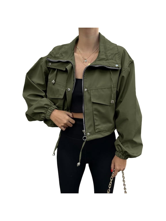 Jackets for Women Drawstring Cropped Zip Up Cargo Coat Long Sleeve Casual Windbreaker Outerwear with Pockets Women Clothes Army Green XL