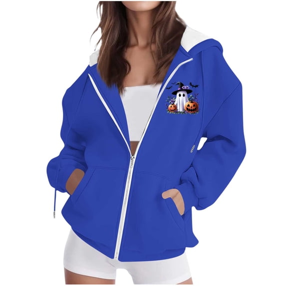 Edvintorg Jackets for Women Halloween Printed Zip up Coat Long Sleeve Hooded Outerwear with Pocket Plus Size Clothes for Women Blue S-3XL