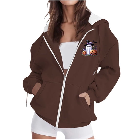 Edvintorg Jackets for Women Halloween Printed Zip up Coat Long Sleeve Hooded Outerwear with Pocket Plus Size Clothes for Women Brown S-3XL