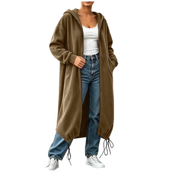 Edvintorg Jackets for Women Long Sleeve Zip up Hooded Coat Fashion Fleece Long Outerwear with Pocket Women's Clothing S-2XL Brown