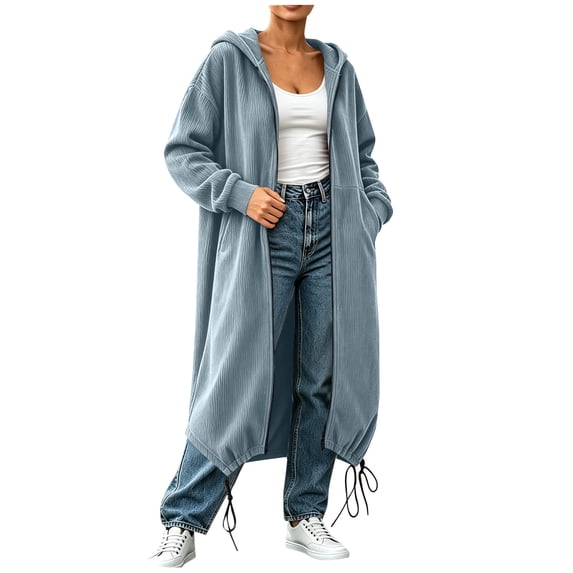 Edvintorg Jackets for Women Long Sleeve Zip up Hooded Coat Fashion Fleece Long Outerwear with Pocket Women's Clothing S-2XL Light Blue