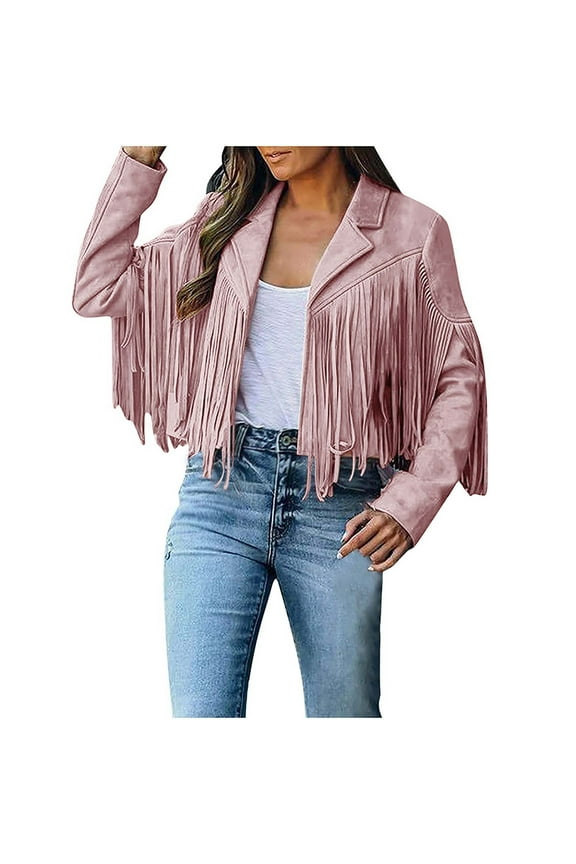 Jackets for Women Trendy Fringe Coat for Women Faux Suede Leather Cowboy Style Cropped Jacket Long Sleeve Tassels Cardigan Outerwear
