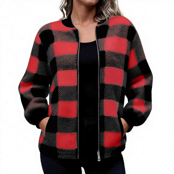 Edvintorg Jackets for Women Trendy Plus Size Clothing Fashion Long Sleeve Thicken Plaid Jacket Fall Winter Warm Coat with Pocket Red S