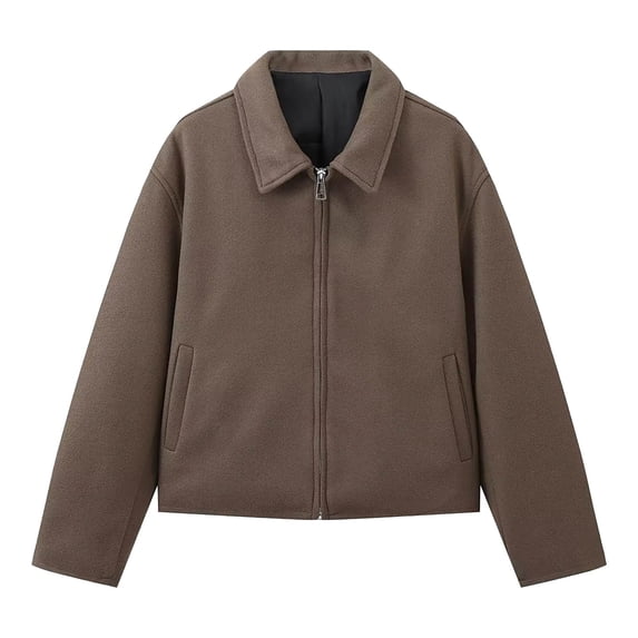 Edvintorg Jackets for Women Trendy Solid Color Long Sleeve Lapel Zipper Woolen Coat with Pocket Streetwear Casual Outerwear Fall 2025 Women Clothing