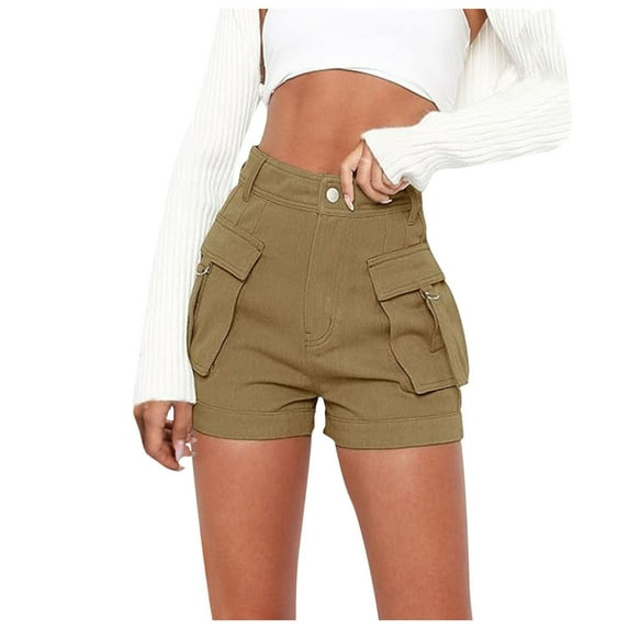 Edvintorg Jean Cargo Shorts Women Fashion Solid Color High Waisted Casual Loose Denim Shorts with Pocket Summer Shorts for Women