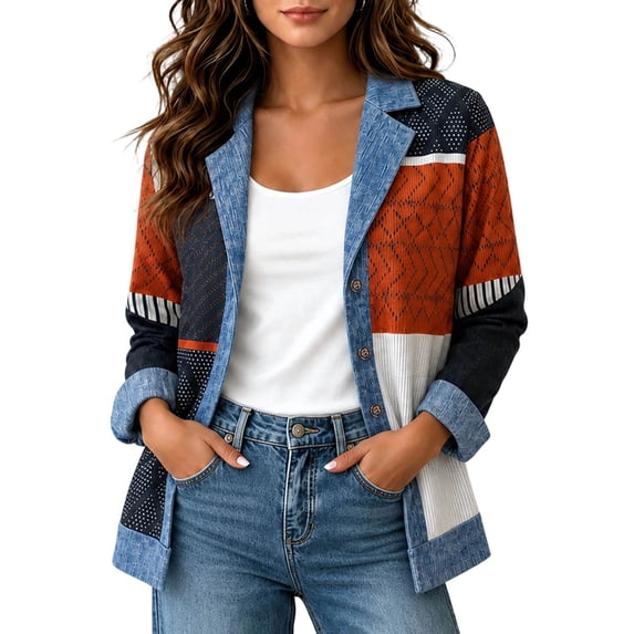 Edvintorg Jean Jacket Women Plus Size Color Block Long Sleeve Casual Coat Notch Lapel Open Front Outerwear Women Clothing Black S-3XL
