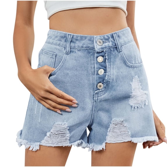 Edvintorg Jean Shorts Women's Denim Button Zipper Short Summer Mid Waist Ripped Distressed Stretchy Jean Shorts with Pockets