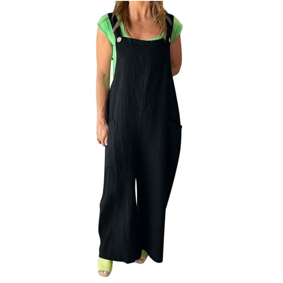 Edvintorg Jumpsuits for Women Casual Fashion Solid Color Adjustable Sleeveless Wide Leg Jumpsuit with Pocket Summer Overalls for Women Loose Fit