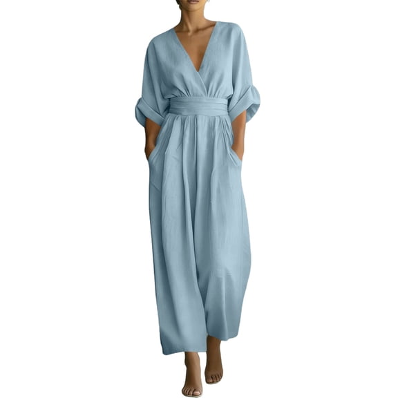Edvintorg Jumpsuits for Women Dressy Casual High Waisted V-Neck Wide Leg Jumpsuit with Pockets Plus Size Fashion Summer Clothes