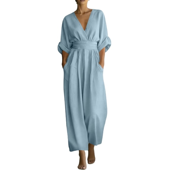 Edvintorg Jumpsuits for Women Dressy Casual High Waisted V-Neck Wide Leg Jumpsuit with Pockets Plus Size Fashion Summer Clothes