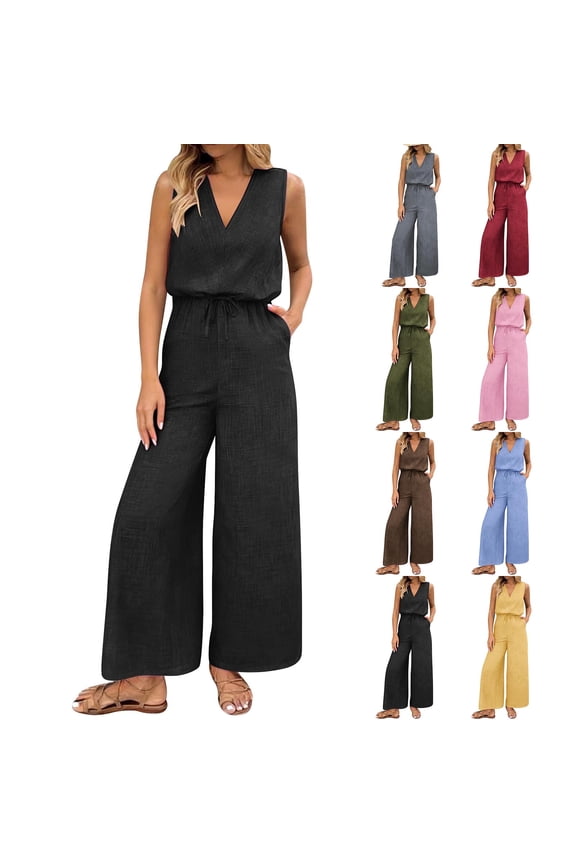 Jumpsuits for Women Dressy Casual Wide Leg Jumpsuit Summer Rompers Jumpers with Pockets Beach Vacation Travel Clothes