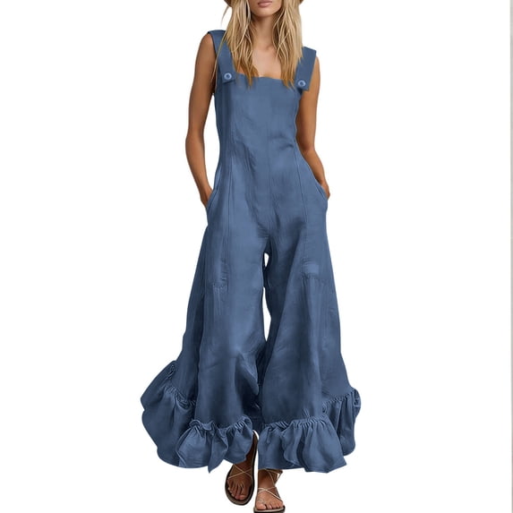 Edvintorg Jumpsuits for Women Dressy Sleeveless Ruffle Wide Leg Jumpsuits with Pockets Summer Casual Beach Travel Rompers Jumpers