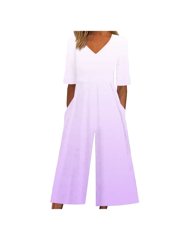 Jumpsuits for Women Gradient Print Short Sleeve V Neck Back Zipper Wide Leg Jumpsuit with Pocket Summer Casual Vacation Clothes for Women