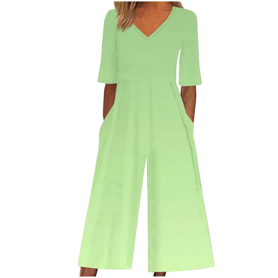 Edvintorg Jumpsuits for Women Gradient Print Short Sleeve V Neck Back Zipper Wide Leg Jumpsuit with Pocket Summer Casual Vacation Clothes for Women