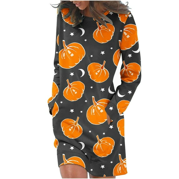 Edvintorg Kawaii Sweatshirt Dress Clearance Women's Halloween Costumes Fashion Long Sleeve Print Round-Neck Ladies Holiday Outing Shirt Dresses