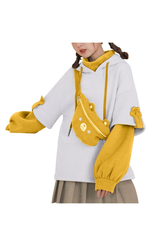 Kawaii Sweatshirt with A Hood Cute Brown Bear Long Sleeve Autumn Winter Hoodie Sweatshirt with Personality Bag Women's Clothing