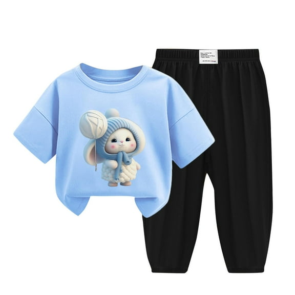 Edvintorg Kids Clothes Girls 2Pc Summer Clothing Set Cute Print Graphic Short Sleeve Top   Ice Silk Mosquito Proof Pants Sets Lightweight Loungewear