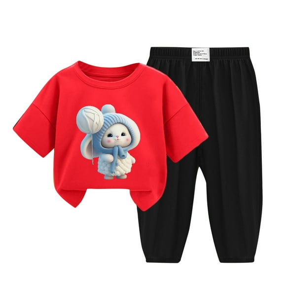 Edvintorg Kids Clothes Girls 2Pc Summer Clothing Set Cute Print Graphic Short Sleeve Top   Ice Silk Mosquito Proof Pants Sets Lightweight Loungewear