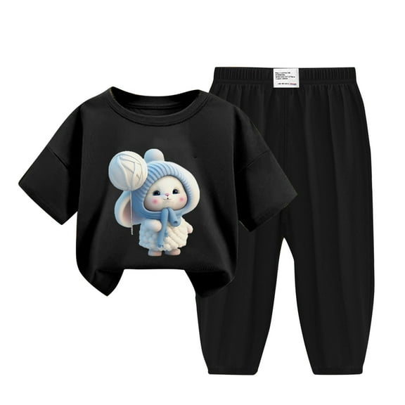 Edvintorg Kids Clothes Girls 2Pc Summer Clothing Set Cute Print Graphic Short Sleeve Top Ice Silk Mosquito Proof Pants Sets Lightweight Loungewear