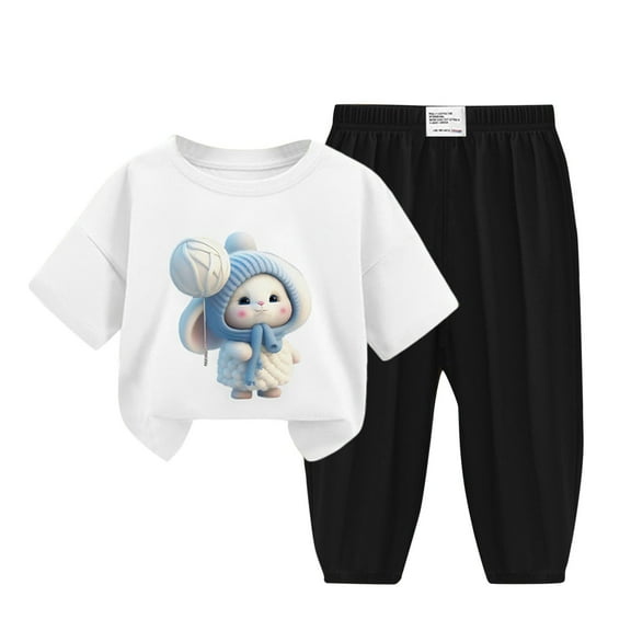 Edvintorg Kids Clothes Girls 2Pc Summer Clothing Set Cute Print Graphic Short Sleeve Top   Ice Silk Mosquito Proof Pants Sets Lightweight Loungewear