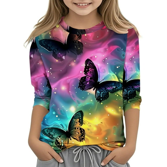 Edvintorg Kids Clothes Girls 3/4 Sleeve Crewneck Casual Tops Shirts Fashion Printed Pullover Tunic Blouse Girls Boutique Outfits 3-12 Years