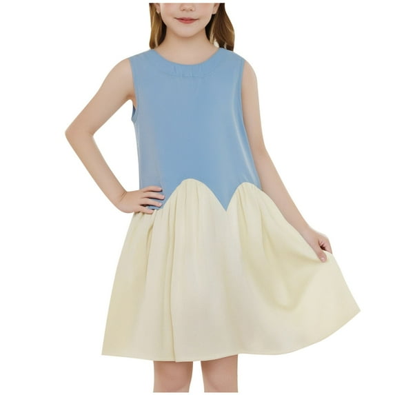 Edvintorg Kids Dresses for Girls New Trend Patchwork Printed Round Neck Sleeveless Beach Dress Summer Beach Vacation Clothes Princess Dress 2-8 Years