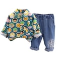 thumbnail image 1 of Edvintorg Kids Gentleman Outfit Cute Cartoons Printed Long Sleeve Button Down Shirt + Denim Pants Set for Boys Girls Two-Piece Set Children's Costume, 1 of 6