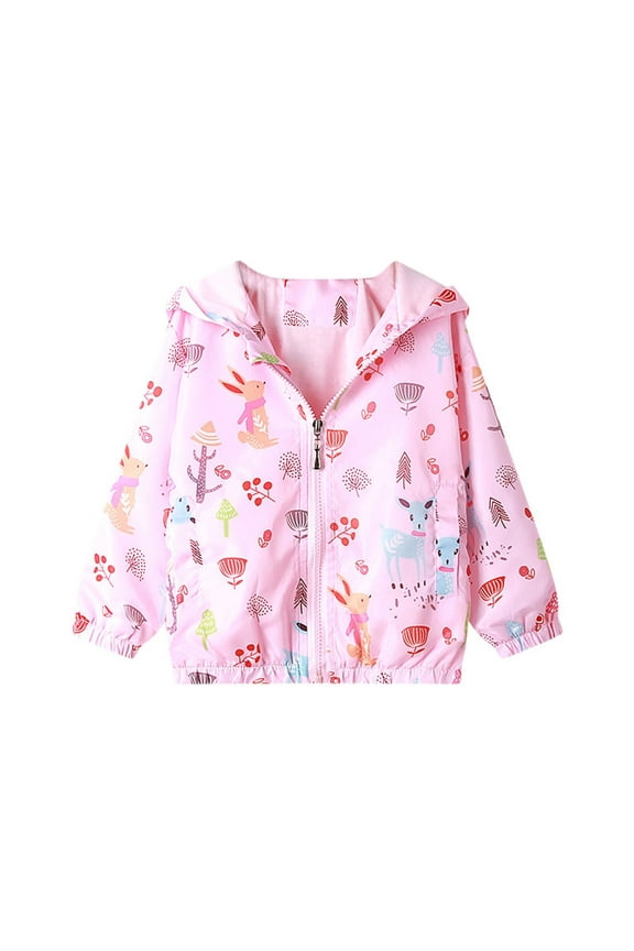 Kids Jackets for Girl Cute Cartoons Printed Long Sleeve Casual Lightweight Hooded Windbreaker for Girls 3-9 Years Outdoor Children Outerwear with Zipper