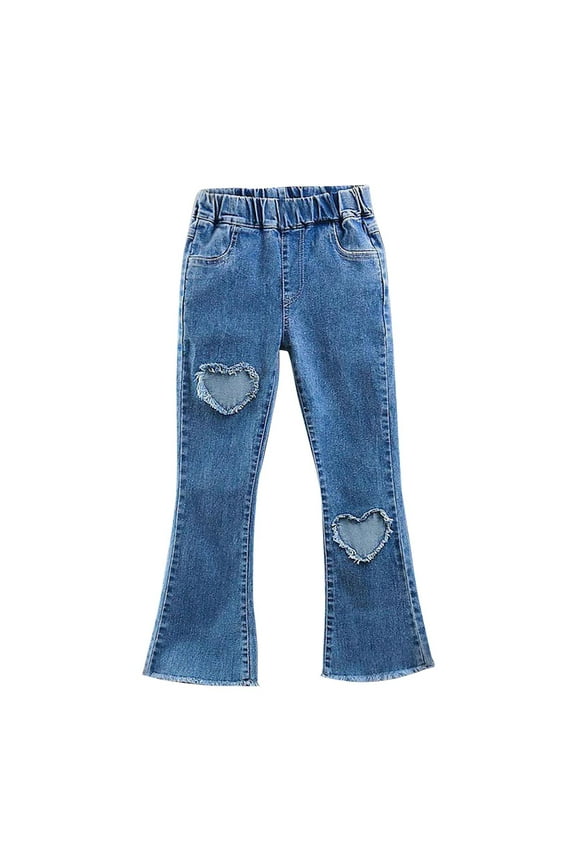 Kids Jean Pants Girls Cute Ripped Elastic Waisted Long Flared Pants Stretchy Jeans Denim Pants with Pockets 3-14 Years Kids Clothes Girls