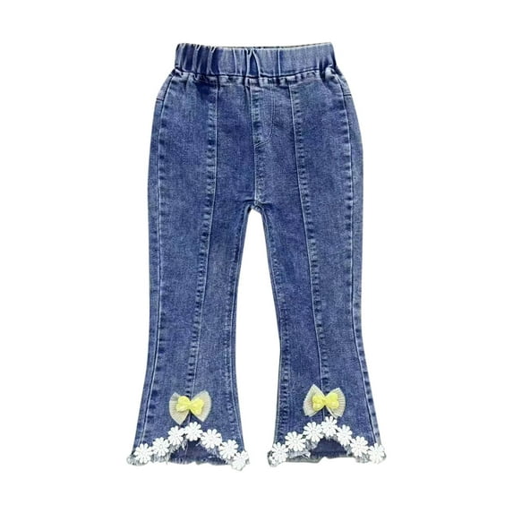 Edvintorg Kids Jeans Girls Flared Pants Cute Bow Elastic Waisted Long Denim Pants Stretchy Trousers with Pockets Children Costume Girls 2-7Years