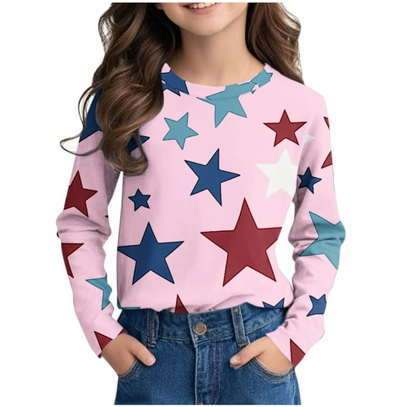 Edvintorg Kids Shirts Girls Long Sleeve Cute Star Printed Crewneck Pullover Tops Fall Winter Casual Dressy Tunic Blouses Shirts for Girls 3-14 Years