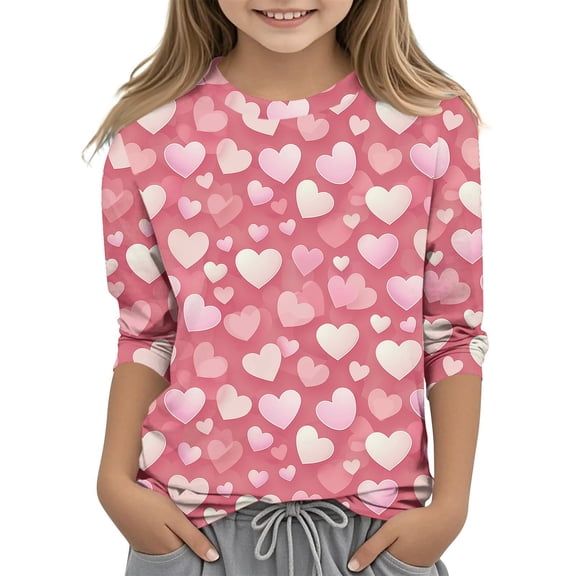 Edvintorg Kids Shirts for Girls 3-12 Years Cute Heart Printed 3/4 Sleeve Round Neck Casual Pullover Tunic Blouse Summer Basic Tee Tops