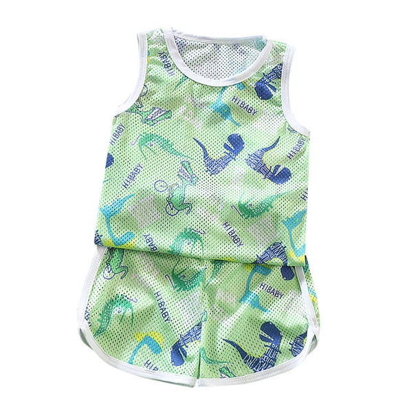 Edvintorg Kids Sport Suits Boys Girls Summer Cute Printed Mesh Breathable Sleeveless Vest and Shorts Loungewear Two-Piece Suit 1-8Years Children's Tracksuit