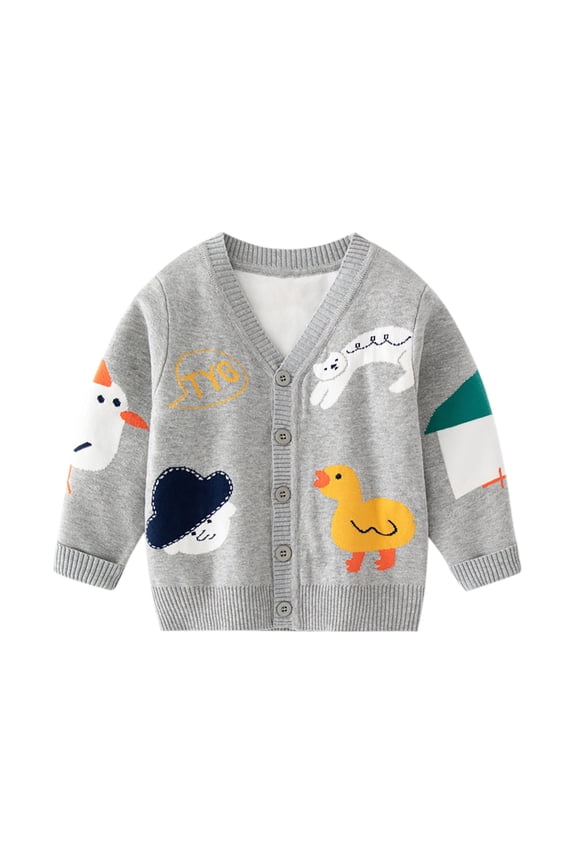 Kids Sweaters Girls Fashion Cartoons Printing Casual Long Sleeve Warm Knit Cardigan Sweaters Double Layer Cotton Thread 3-9 Years Children's Outerwear with Button