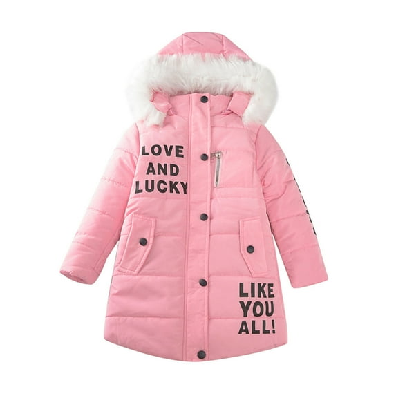 Edvintorg Kids Teenage Girl Winter Jacket Fashion Letter Print Thick Hooded Jacket Coat Warm Clothes 4-14Y Birthday Christmas Coat Children Outerwear With Zipper