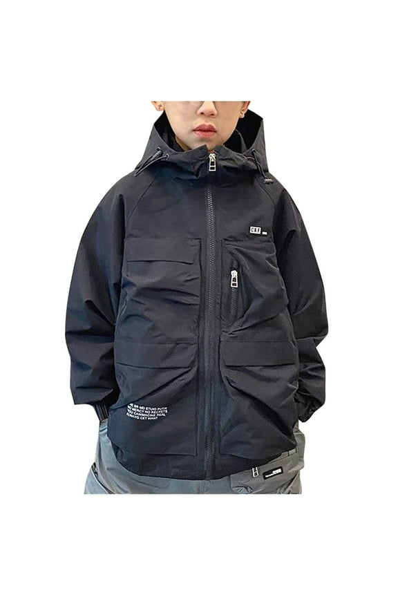 Kids Windbreaker Jacket for Boys Street Style Letter Printed Long Sleeve Hooded Jackets Fall Winter Windproof Coat 6-14 Years Children's Outerwear with Zipper