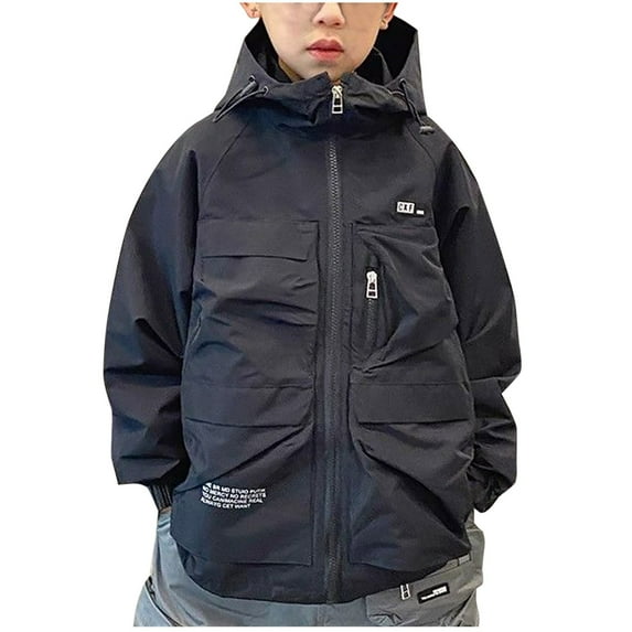 Edvintorg Kids Windbreaker Jacket for Boys Street Style Letter Printed Long Sleeve Hooded Jackets Fall Winter Windproof Coat 6-14 Years Children's Outerwear with Zipper