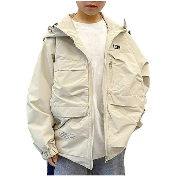 Edvintorg Kids Windbreaker Jacket for Boys Street Style Letter Printed Long Sleeve Hooded Jackets Fall Winter Windproof Coat 6-14 Years Children's Outerwear with Zipper